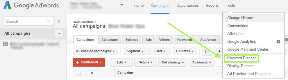 The location of the keyword planner tool in Google Adwords